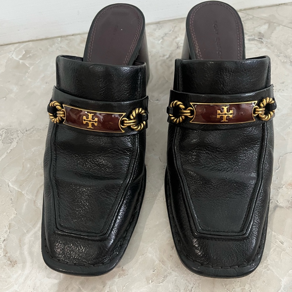 Tory Burch Black and Gold Leather Mules